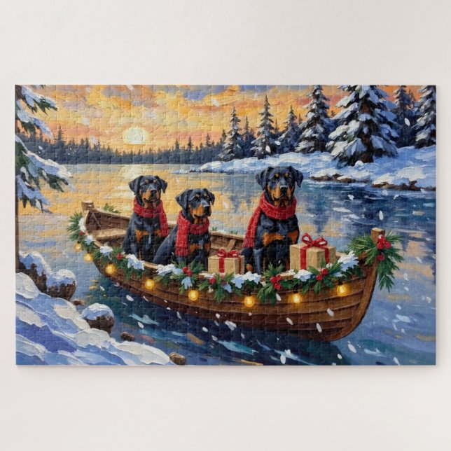 Rottweiler Christmas Boat Holiday Jigsaw Puzzle (Horizontal)