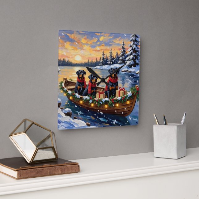 Rottweiler Christmas Boat Holiday Square Wall Clock (Office)