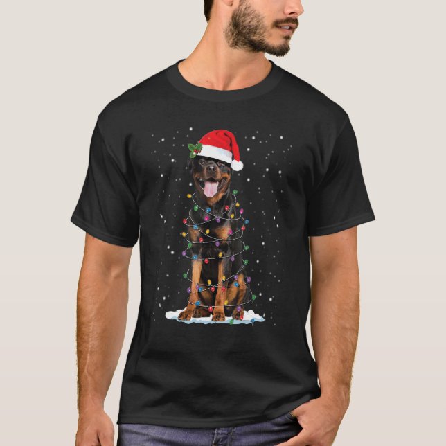   Rottweiler Christmas Lights & Santa Hat Xmas Dog T-Shirt (Front)