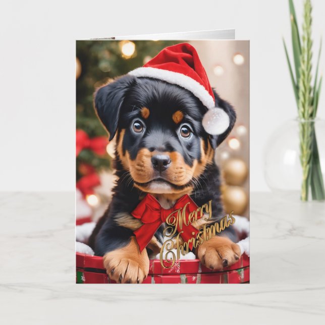  Rottweiler Christmas puppy in a basket   Holiday Card (Front)