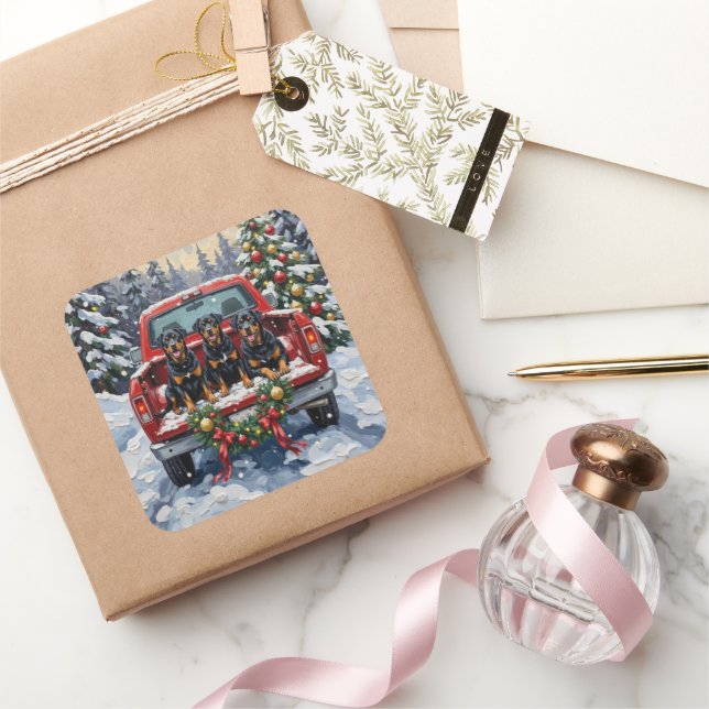 Rottweiler Christmas Red Truck Holiday Square Sticker (Gifting)