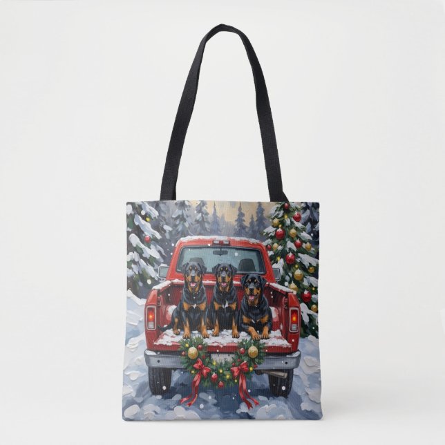 Rottweiler Christmas Red Truck Holiday Tote Bag (Front)