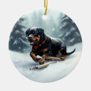 Rottweiler Christmas snow winter Throw Pillow Ceramic Ornament