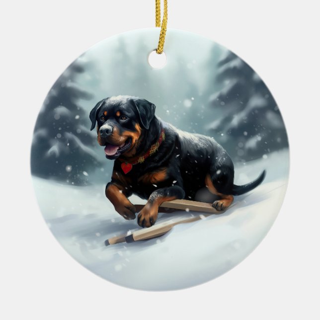 Rottweiler Christmas snow winter Throw Pillow Ceramic Ornament (Front)