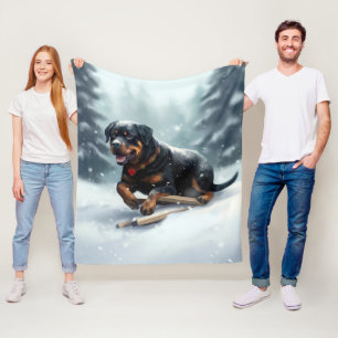 Rottweiler Christmas snow winter Throw Pillow Fleece Blanket