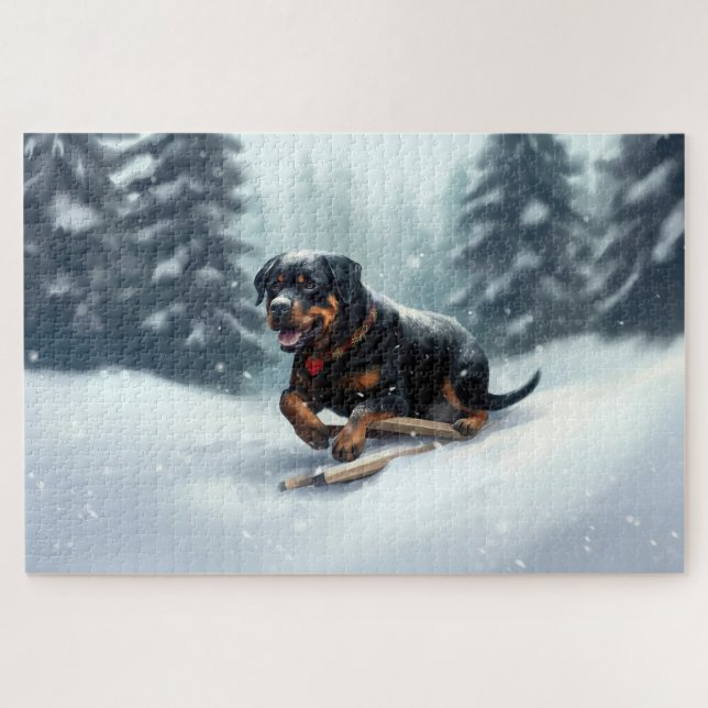 Rottweiler Christmas snow winter Throw Pillow Jigsaw Puzzle (Horizontal)