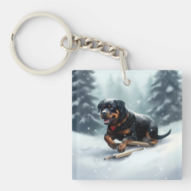 Rottweiler Christmas snow winter Throw Pillow Key Ring (Front)