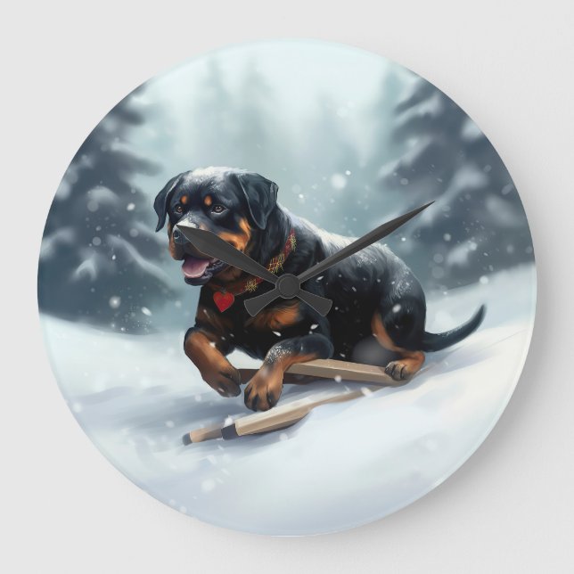 Rottweiler Christmas snow winter Throw Pillow Large Clock (Front)