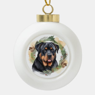 Rottweiler Christmas Wreath Festive Pup Ceramic Ball Christmas Ornament