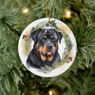 Rottweiler Christmas Wreath Festive Pup Ceramic Ornament