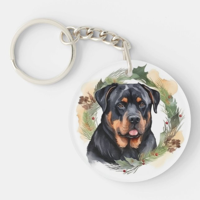 Rottweiler Christmas Wreath Festive Pup Key Ring (Front)