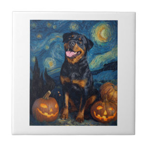 Rottweiler Cute Dog Halloween Jack O Lantern Pumpk Ceramic Tile