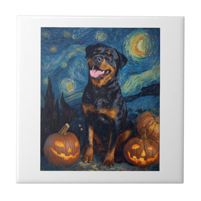 Rottweiler Cute Dog Halloween Jack O Lantern Pumpk Ceramic Tile (Front)