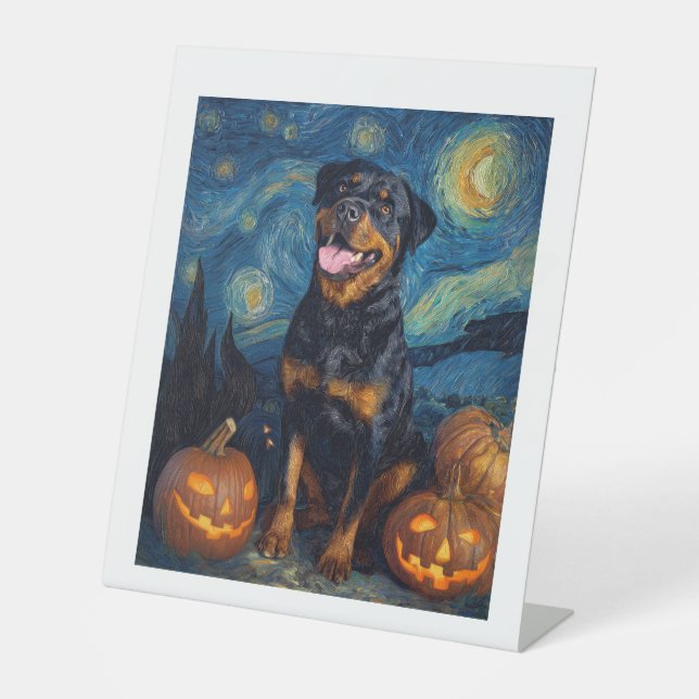 Rottweiler Cute Dog Halloween Jack O Lantern Pumpk Pedestal Sign (Front)