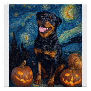 Rottweiler Cute Dog Halloween Jack O Lantern Pumpk Poster
