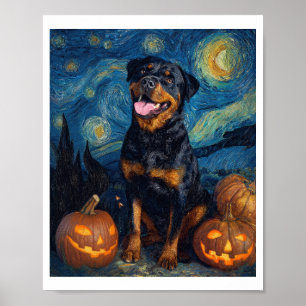 Rottweiler Cute Dog Halloween Jack O Lantern Pumpk Poster