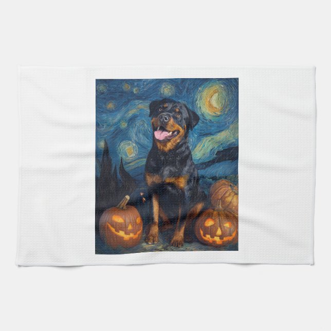 Rottweiler Cute Dog Halloween Jack O Lantern Pumpk Tea Towel (Horizontal)