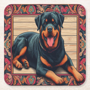 Rottweiler Dog 3D Stylish Colourful Border Square Paper Coaster