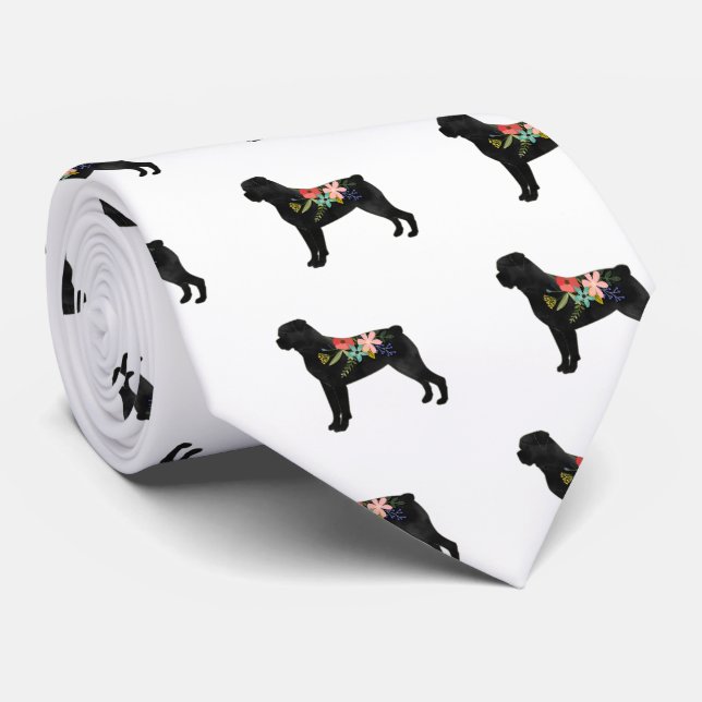 Rottweiler Dog Breed  Boho Floral Silhouette Tie (Rolled)