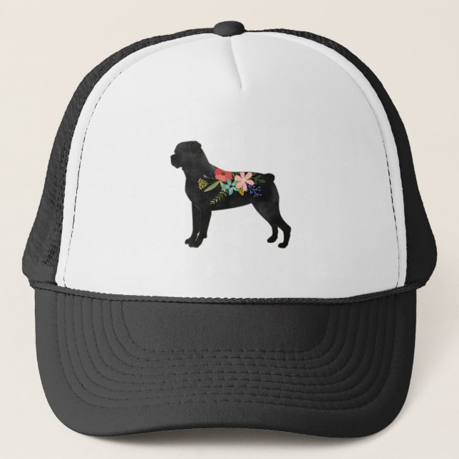 Rottweiler Dog Breed  Boho Floral Silhouette Trucker Hat (Front)
