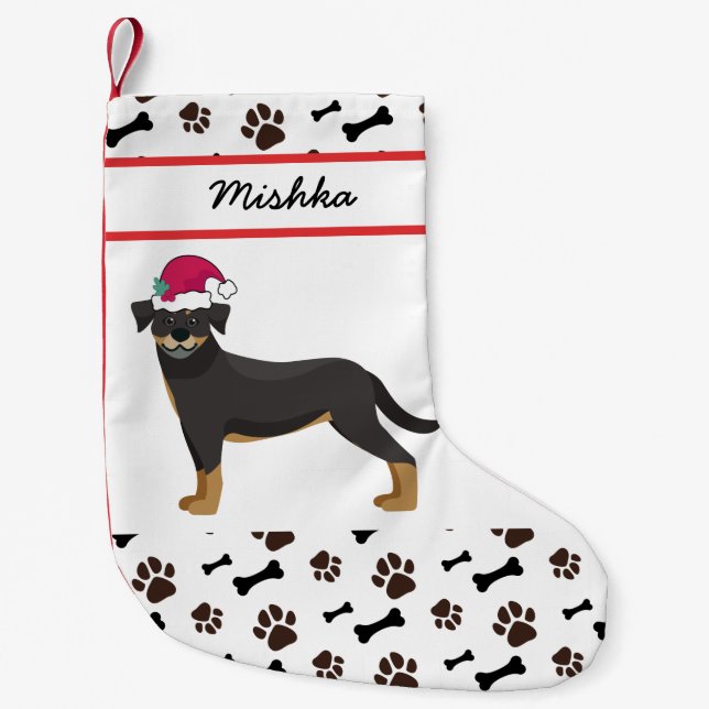 Rottweiler Dog Christmas With Custom Dog Name Small Christmas Stocking (Front)