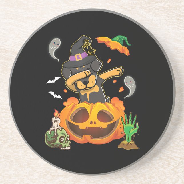 Rottweiler Dog Dabbing To Open Pumpkin Egg Happy Coaster (Front)