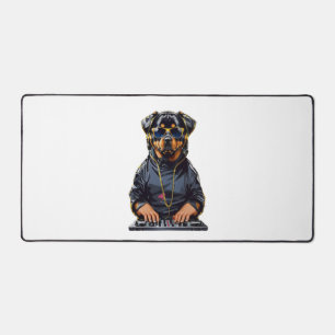 rottweiler Dog Dj with turntables and headphones   Desk Mat