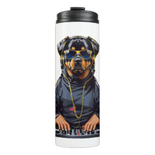 rottweiler Dog Dj with turntables and headphones Thermal Tumbler