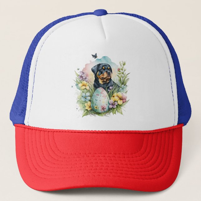 Rottweiler Dog Easter Egg, Happy Easter Rottweiler Trucker Hat (Front)