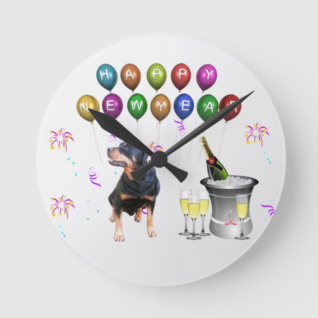 Rottweiler Dog Happy New Year Round Clock (Front)