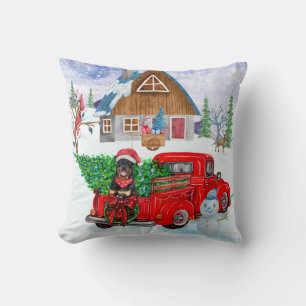 Rottweiler Dog In Christmas Delivery Truck Snow Cushion