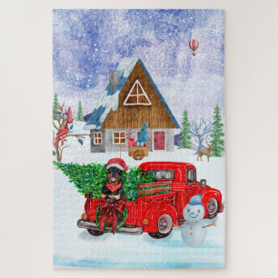 Rottweiler Dog In Christmas Delivery Truck Snow Jigsaw Puzzle