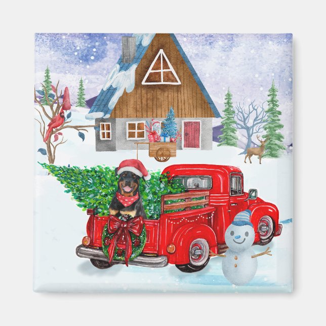 Rottweiler Dog In Christmas Delivery Truck Snow Magnet (Front)