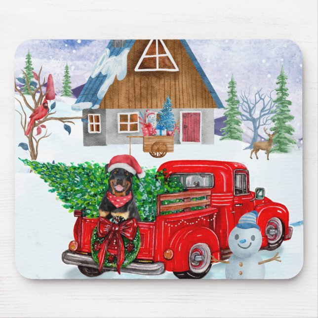 Rottweiler Dog In Christmas Delivery Truck Snow Mouse Pad (Front)