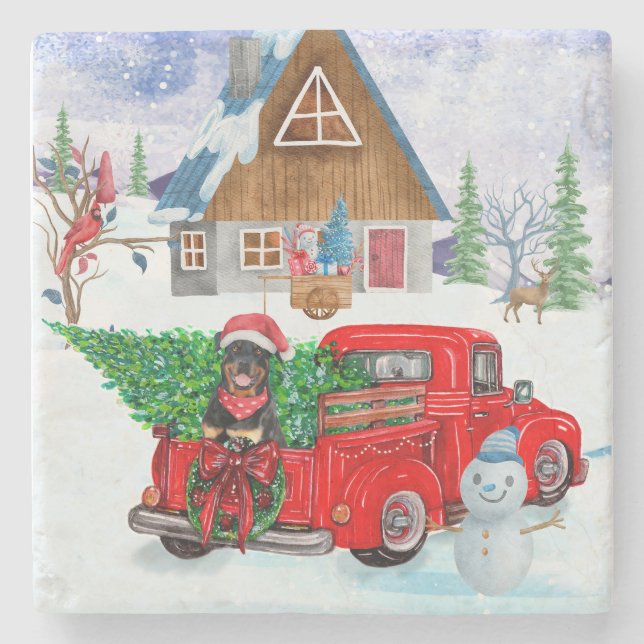 Rottweiler Dog In Christmas Delivery Truck Snow Stone Coaster (Front)