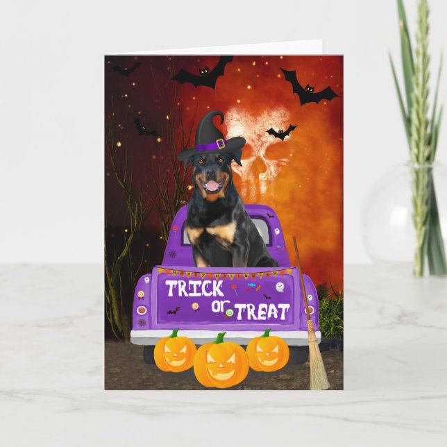 Rottweiler Dog in Halloween Truck Card (Front)