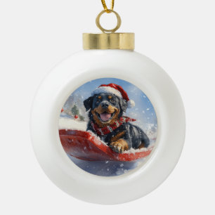 Rottweiler Dog in Sledge Let it Snow Christmas Ceramic Ball Christmas Ornament