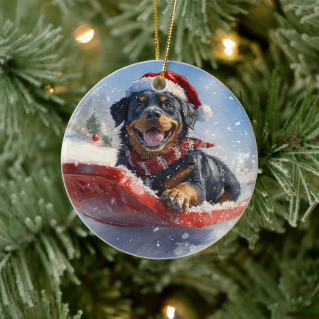 Rottweiler Dog in Sledge Let it Snow Christmas Ceramic Ornament (Tree)