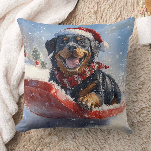 Rottweiler Dog in Sledge Let it Snow Christmas Cushion (Blanket)