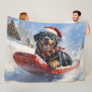 Rottweiler Dog in Sledge Let it Snow Christmas Fleece Blanket