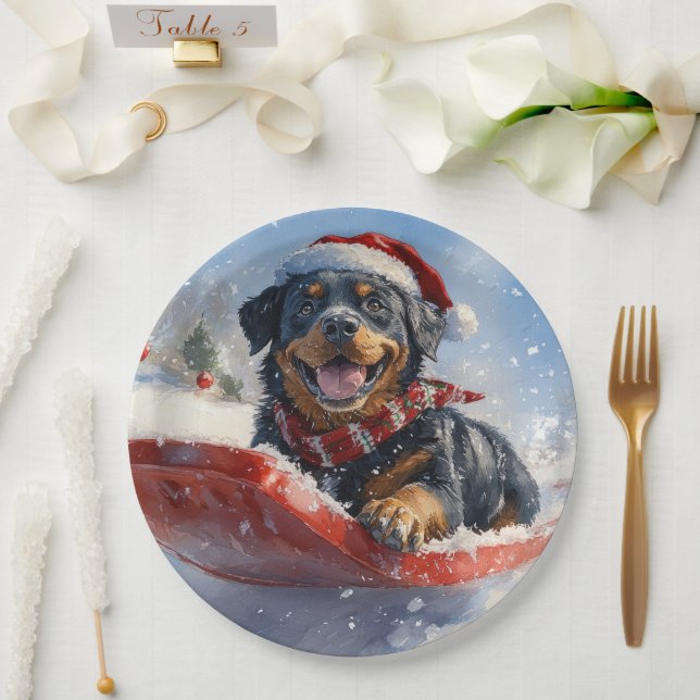 Rottweiler Dog in Sledge Let it Snow Christmas Paper Plate (Wedding)