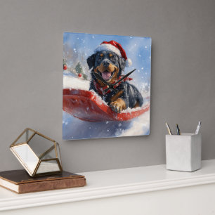 Rottweiler Dog in Sledge Let it Snow Christmas Square Wall Clock