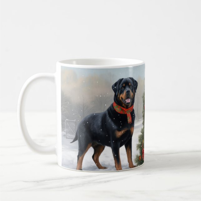Rottweiler Dog in Snow Christmas Coffee Mug (Left)