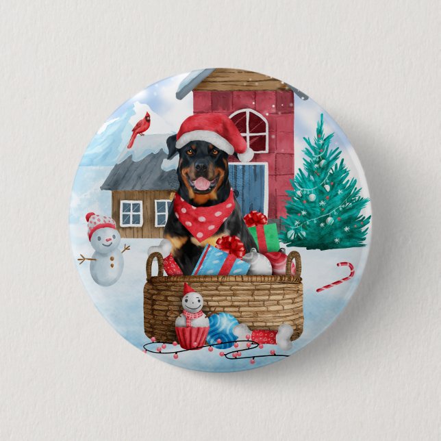 Rottweiler Dog In snow Christmas Dog House  6 Cm Round Badge (Front)