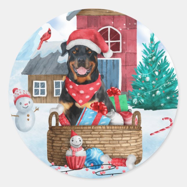 Rottweiler Dog In snow Christmas Dog House Classic Round Sticker (Front)