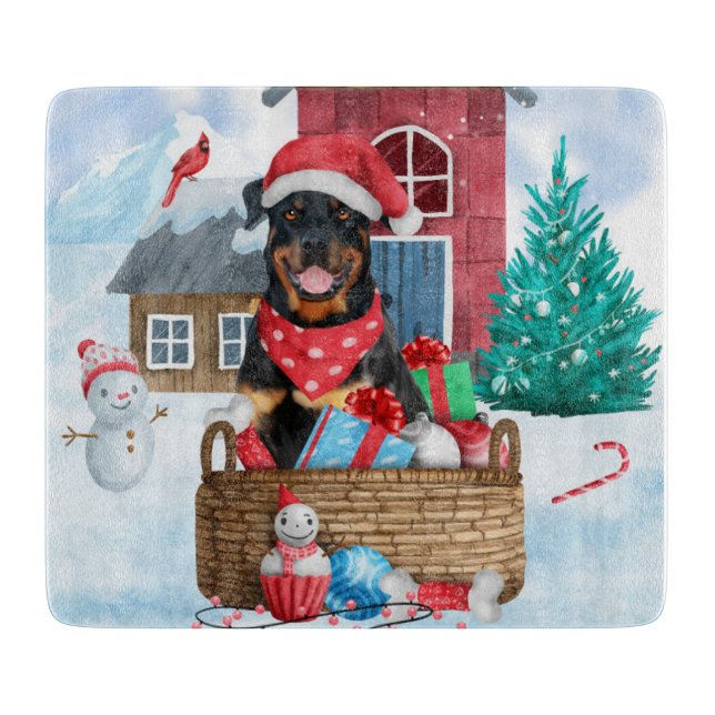 Rottweiler Dog In snow Christmas Dog House  Cutting Board (Front)