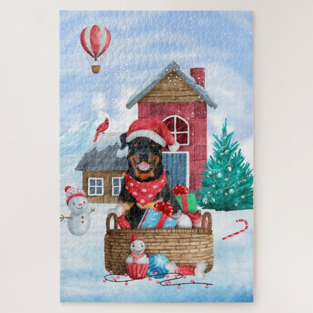 Rottweiler Dog In snow Christmas Dog House Jigsaw Puzzle (Vertical)