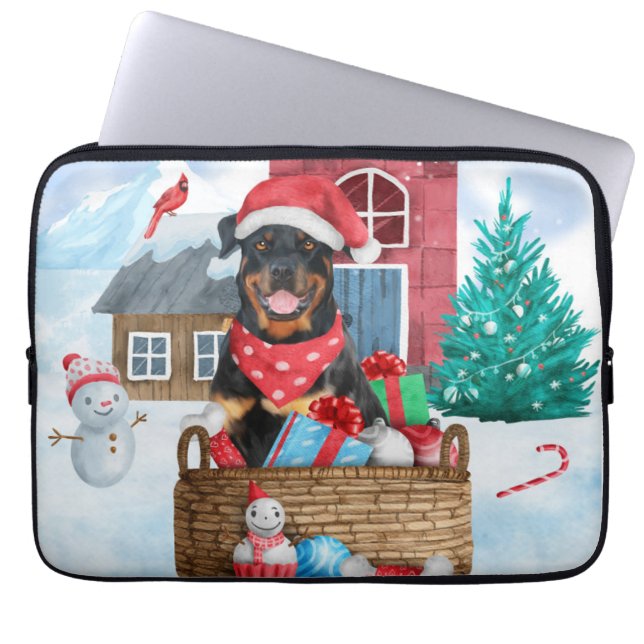 Rottweiler Dog In snow Christmas Dog House  Laptop Sleeve (Front)
