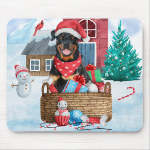 Rottweiler Dog In snow Christmas Dog House Mouse Pad