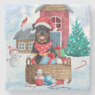 Rottweiler Dog In snow Christmas Dog House  Stone Coaster